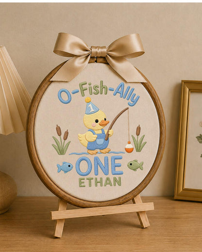 Personalized First Birthday Duck Embroidered Ornament, Custom Baby Name Hoop, Fishing Birthday Decor, Baby Boy 1st Birthday Gift