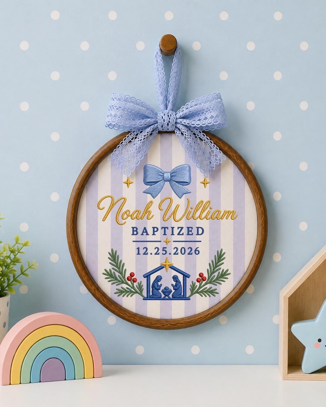 Personalized Baptism Embroidered Ornament, Custom Baby Name Christening Keepsake, Nativity Christmas Decor, Baptized Baby Gift