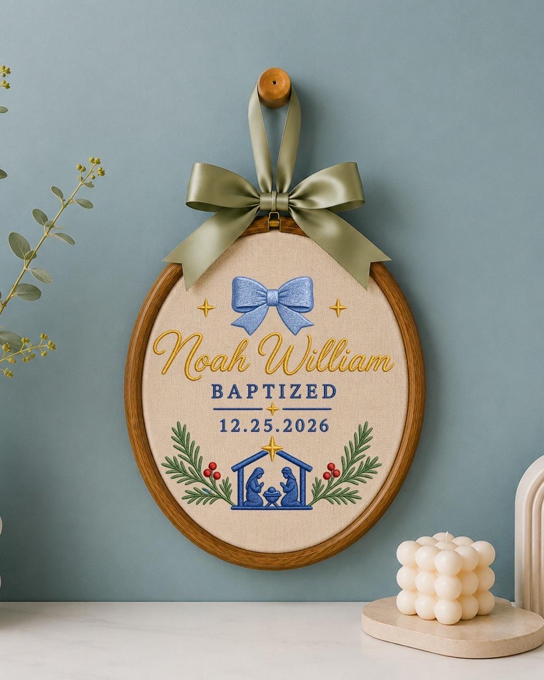 Personalized Baptism Embroidered Ornament, Custom Baby Name Christening Keepsake, Nativity Christmas Decor, Baptized Baby Gift