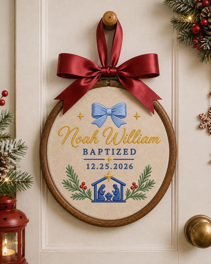 Personalized Baptism Embroidered Ornament, Custom Baby Name Christening Keepsake, Nativity Christmas Decor, Baptized Baby Gift