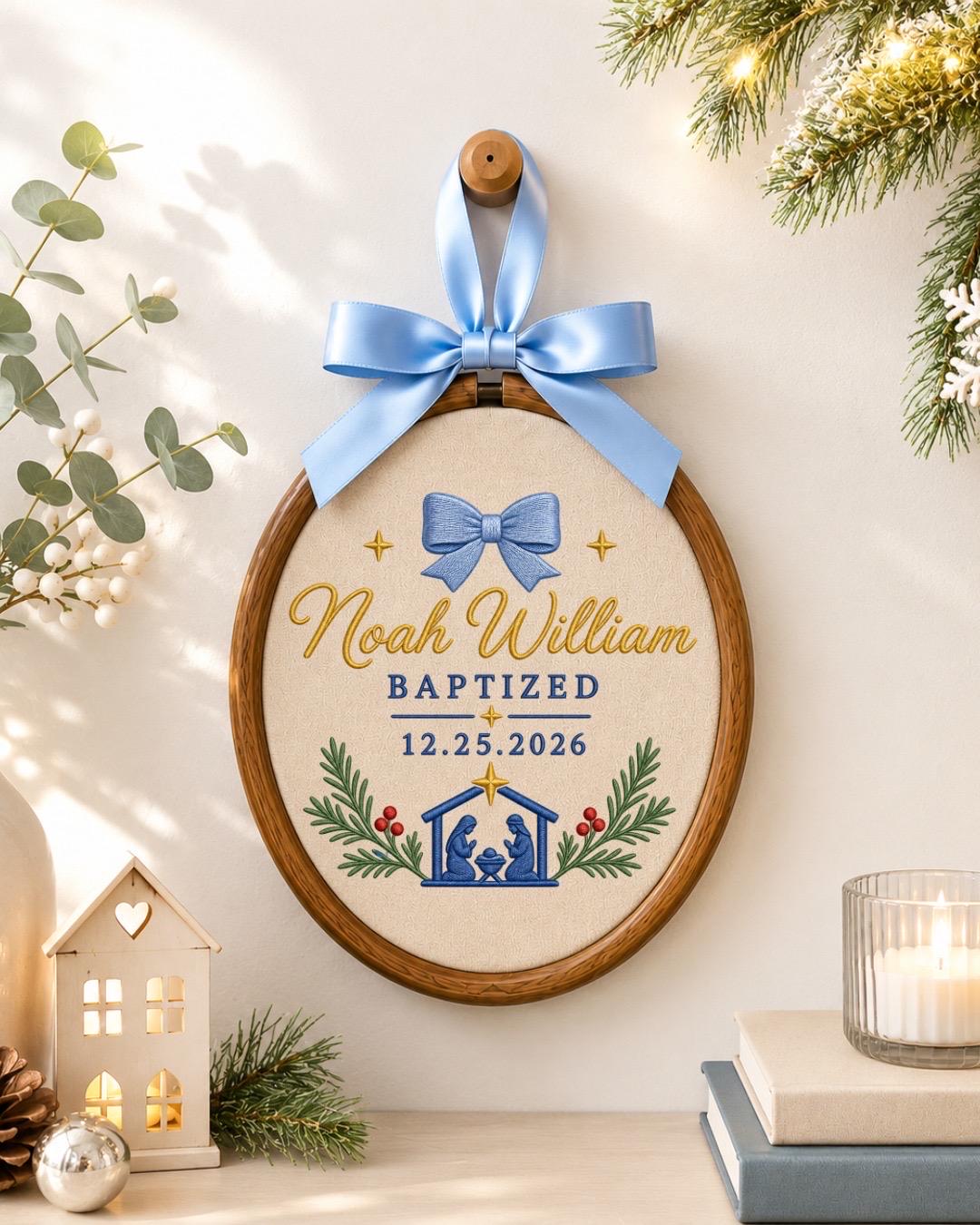 Personalized Baptism Embroidered Ornament, Custom Baby Name Christening Keepsake, Nativity Christmas Decor, Baptized Baby Gift
