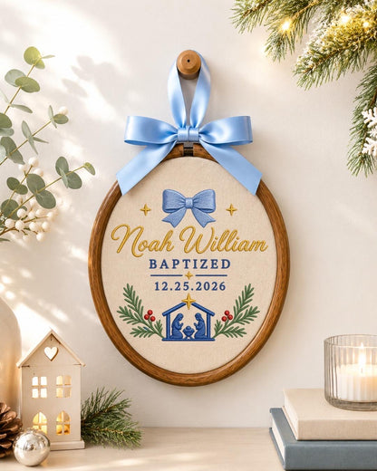 Personalized Baptism Embroidered Ornament, Custom Baby Name Christening Keepsake, Nativity Christmas Decor, Baptized Baby Gift