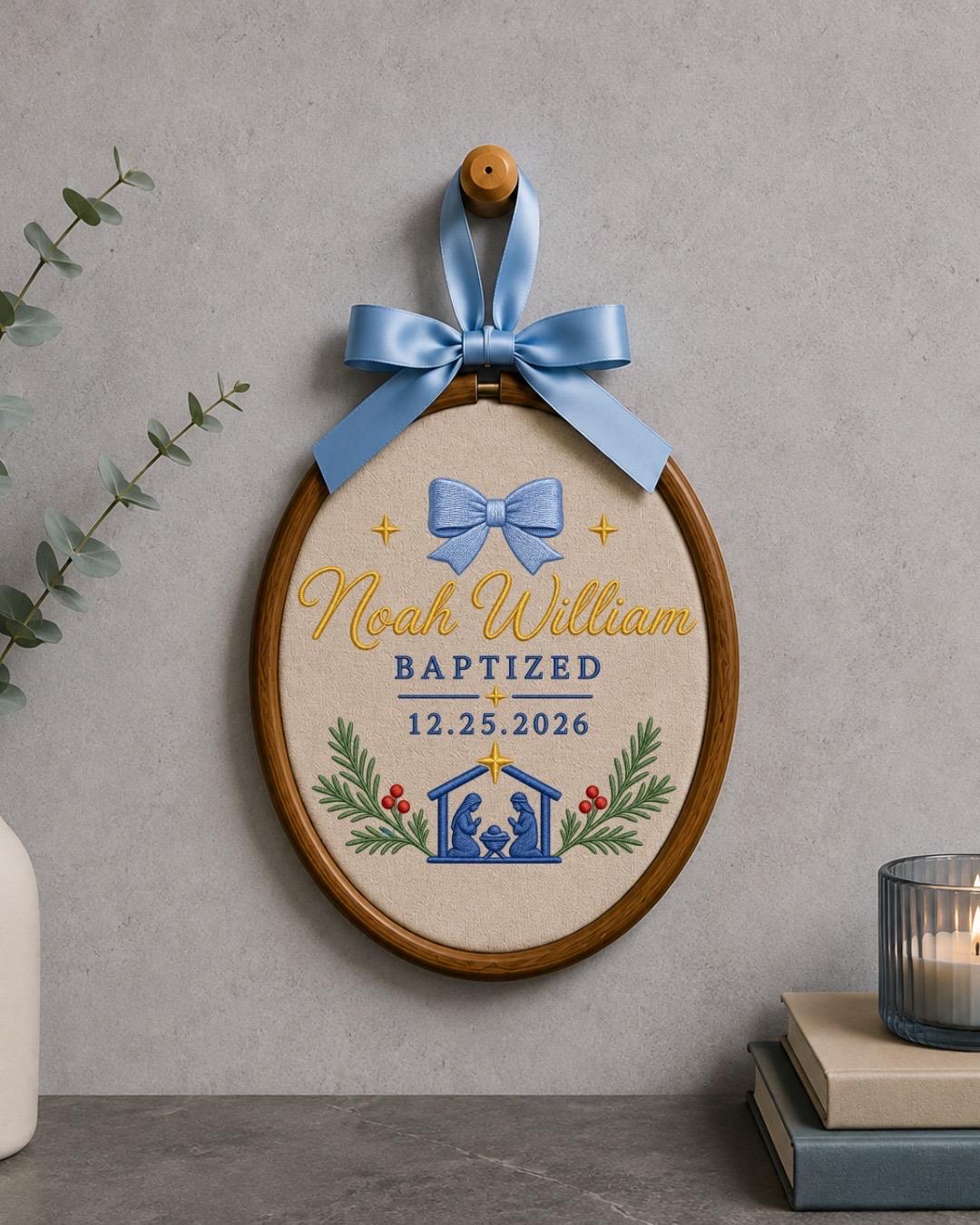 Personalized Baptism Embroidered Ornament, Custom Baby Name Christening Keepsake, Nativity Christmas Decor, Baptized Baby Gift