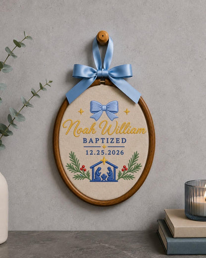Personalized Baptism Embroidered Ornament, Custom Baby Name Christening Keepsake, Nativity Christmas Decor, Baptized Baby Gift