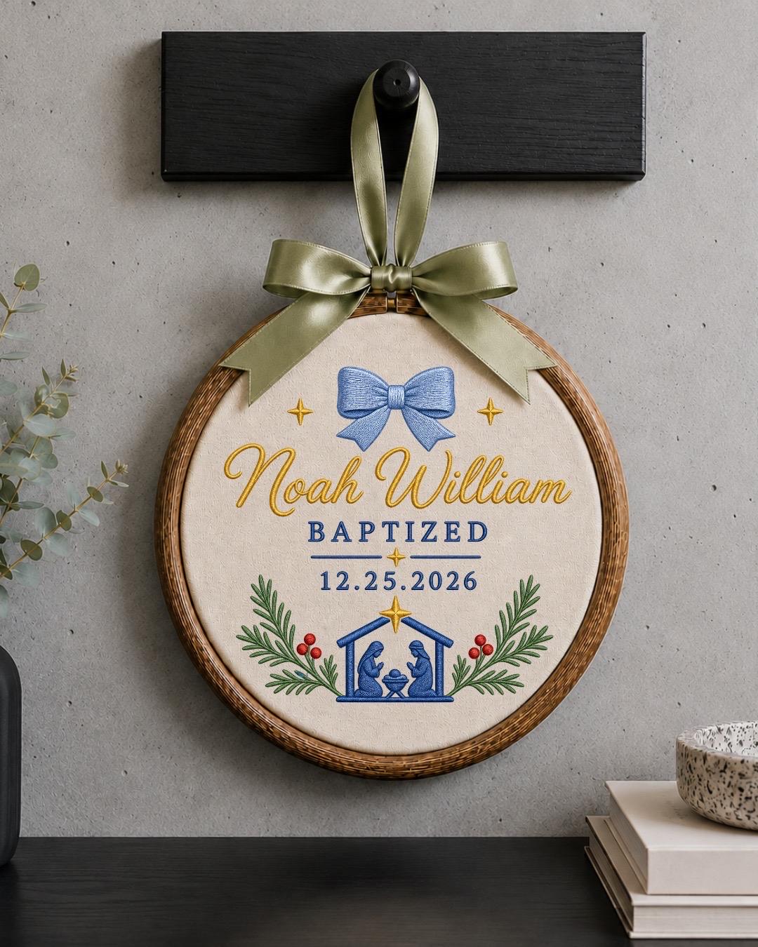 Personalized Baptism Embroidered Ornament, Custom Baby Name Christening Keepsake, Nativity Christmas Decor, Baptized Baby Gift