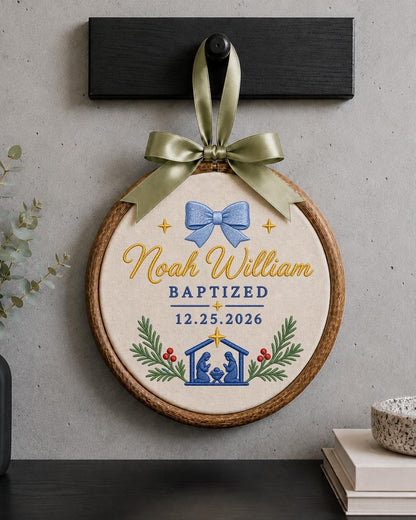 Personalized Baptism Embroidered Ornament, Custom Baby Name Christening Keepsake, Nativity Christmas Decor, Baptized Baby Gift