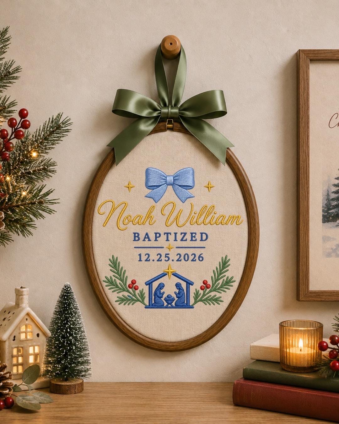 Personalized Baptism Embroidered Ornament, Custom Baby Name Christening Keepsake, Nativity Christmas Decor, Baptized Baby Gift