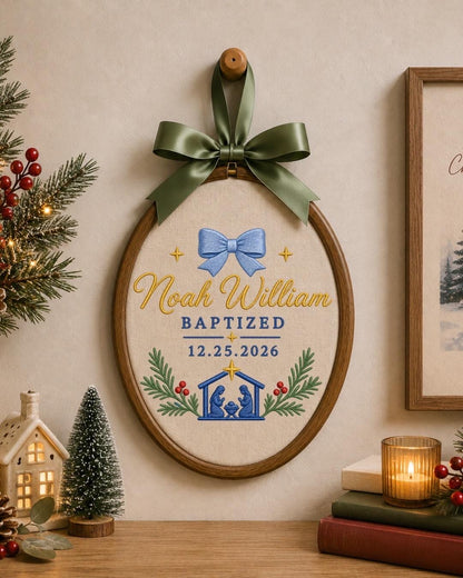 Personalized Baptism Embroidered Ornament, Custom Baby Name Christening Keepsake, Nativity Christmas Decor, Baptized Baby Gift
