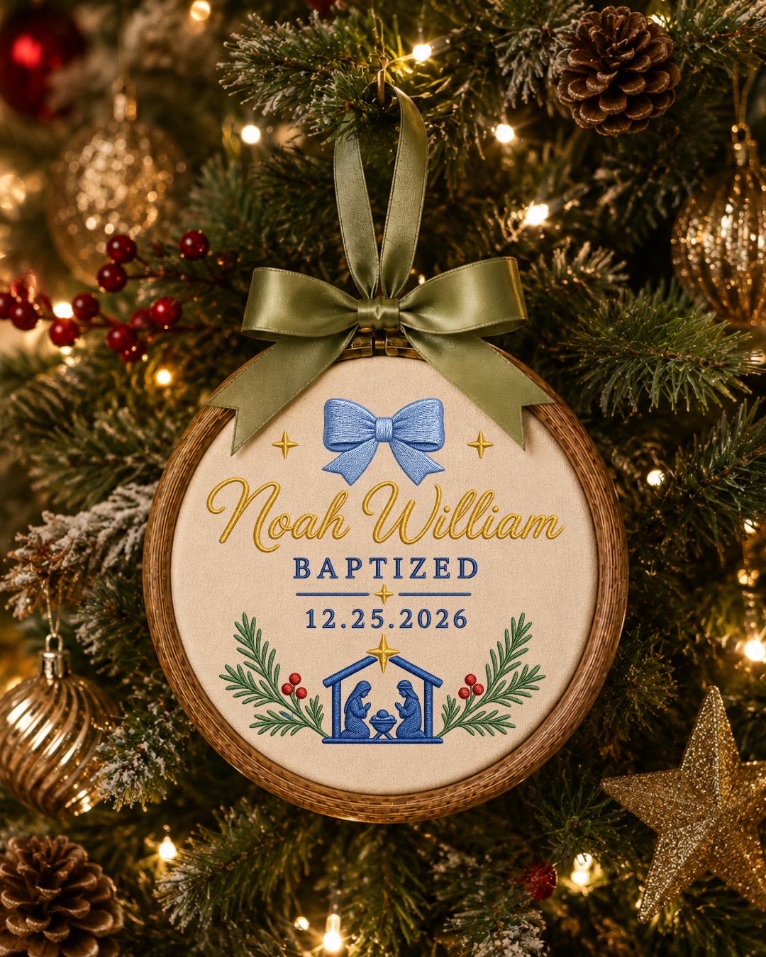 Personalized Baptism Embroidered Ornament, Custom Baby Name Christening Keepsake, Nativity Christmas Decor, Baptized Baby Gift