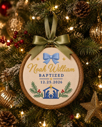 Personalized Baptism Embroidered Ornament, Custom Baby Name Christening Keepsake, Nativity Christmas Decor, Baptized Baby Gift