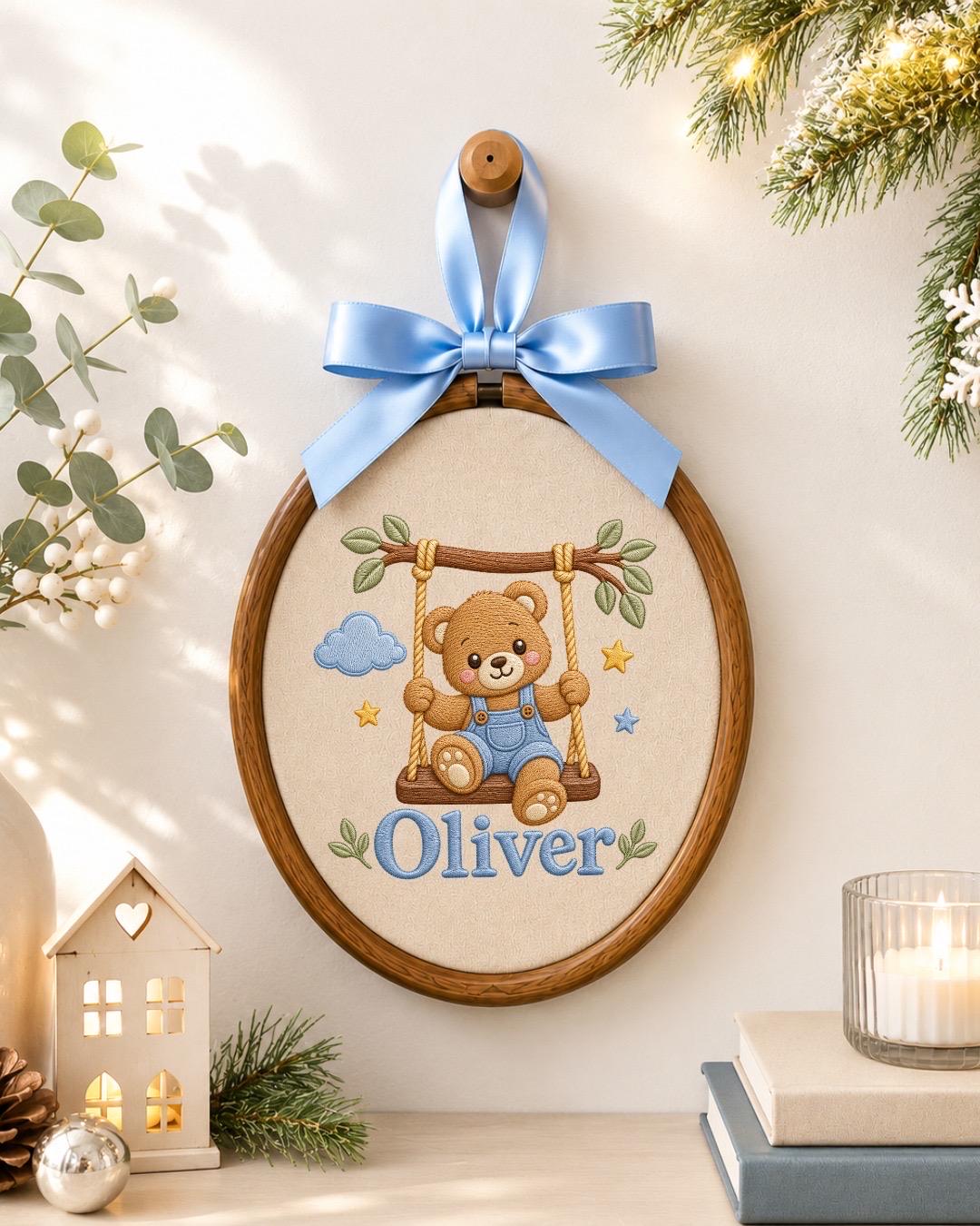 Personalized Baby Name Embroidered Ornament, Teddy Bear Nursery Decor, Custom Baby Boy Name Sign, Newborn Gift, Baby Shower Keepsake