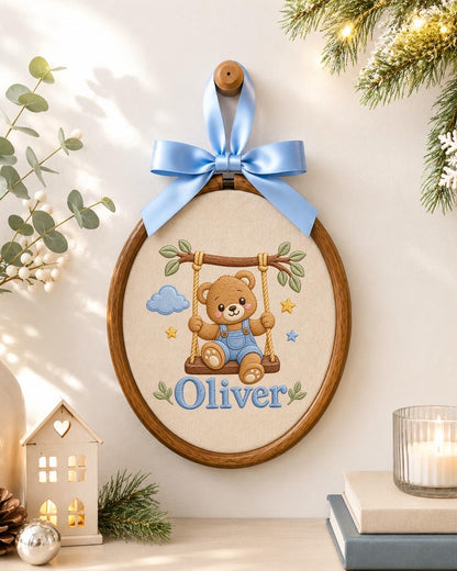 Personalized Baby Name Embroidered Ornament, Teddy Bear Nursery Decor, Custom Baby Boy Name Sign, Newborn Gift, Baby Shower Keepsake