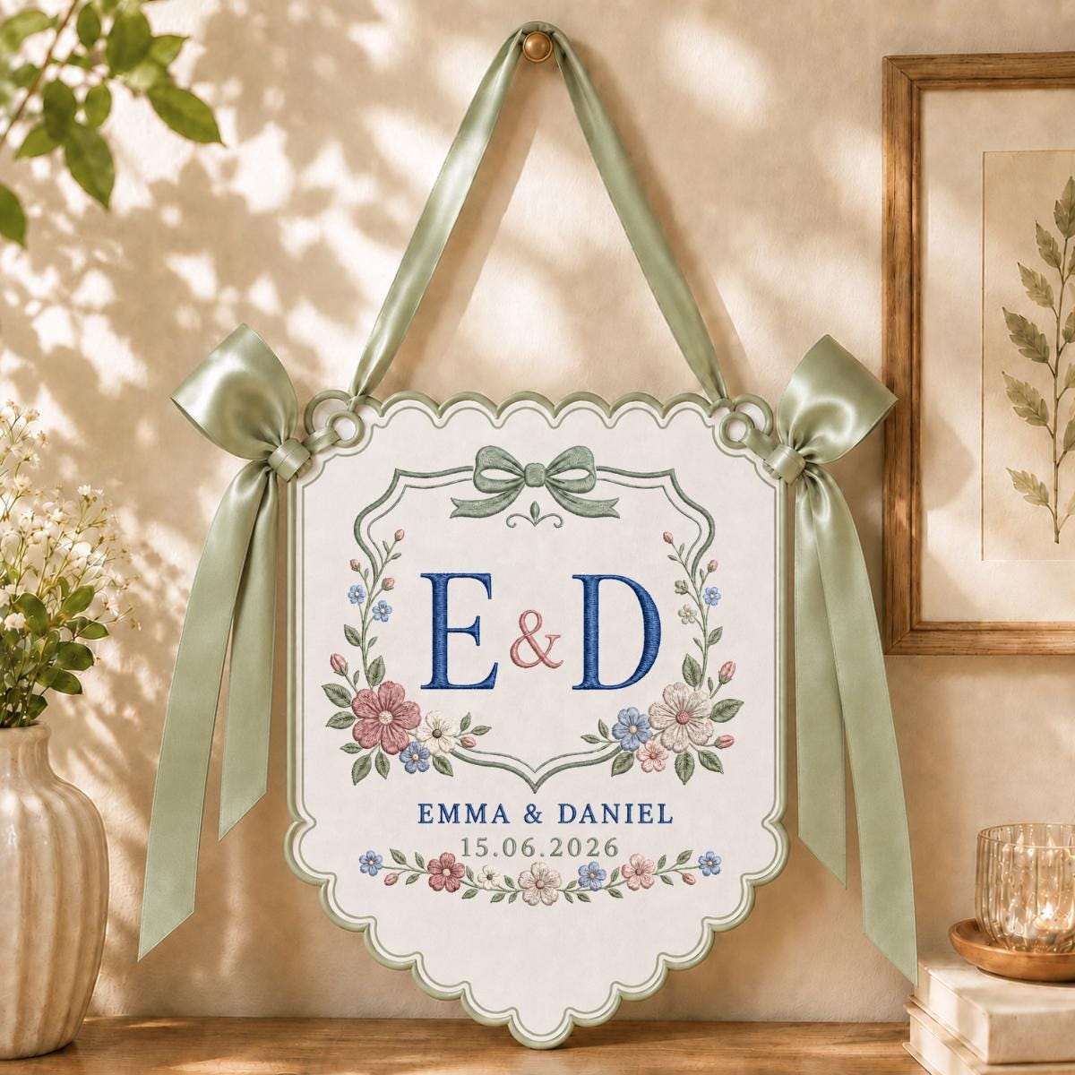 Personalized Wedding Monogram Banner, Emma and Daniel Wall Hanging, Floral Scalloped Ornament, Lavender Ribbon Decor, Wedding Keepsake