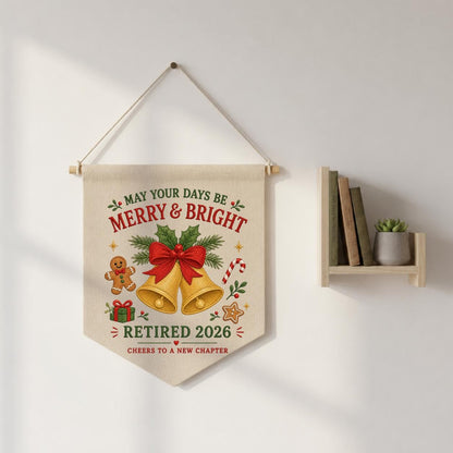 Custom Retired 2026 Merry Christmas Embroidered Canvas Pennant Banner, Golden Bells Gingerbread Man New Chapter Coworker Wall Decor