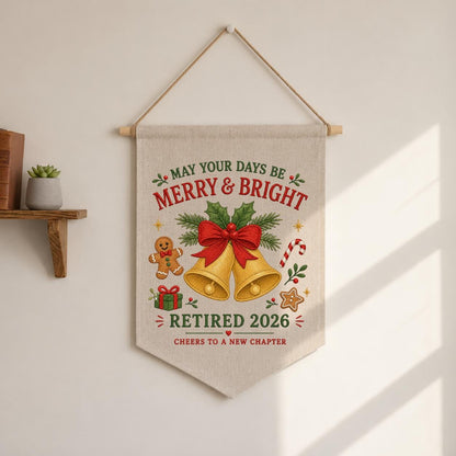 Custom Retired 2026 Merry Christmas Embroidered Canvas Pennant Banner, Golden Bells Gingerbread Man New Chapter Coworker Wall Decor
