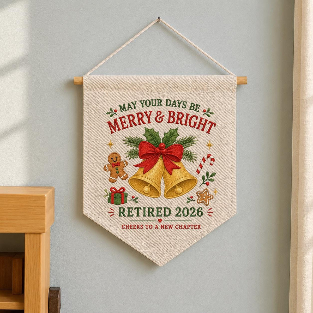 Custom Retired 2026 Merry Christmas Embroidered Canvas Pennant Banner, Golden Bells Gingerbread Man New Chapter Coworker Wall Decor
