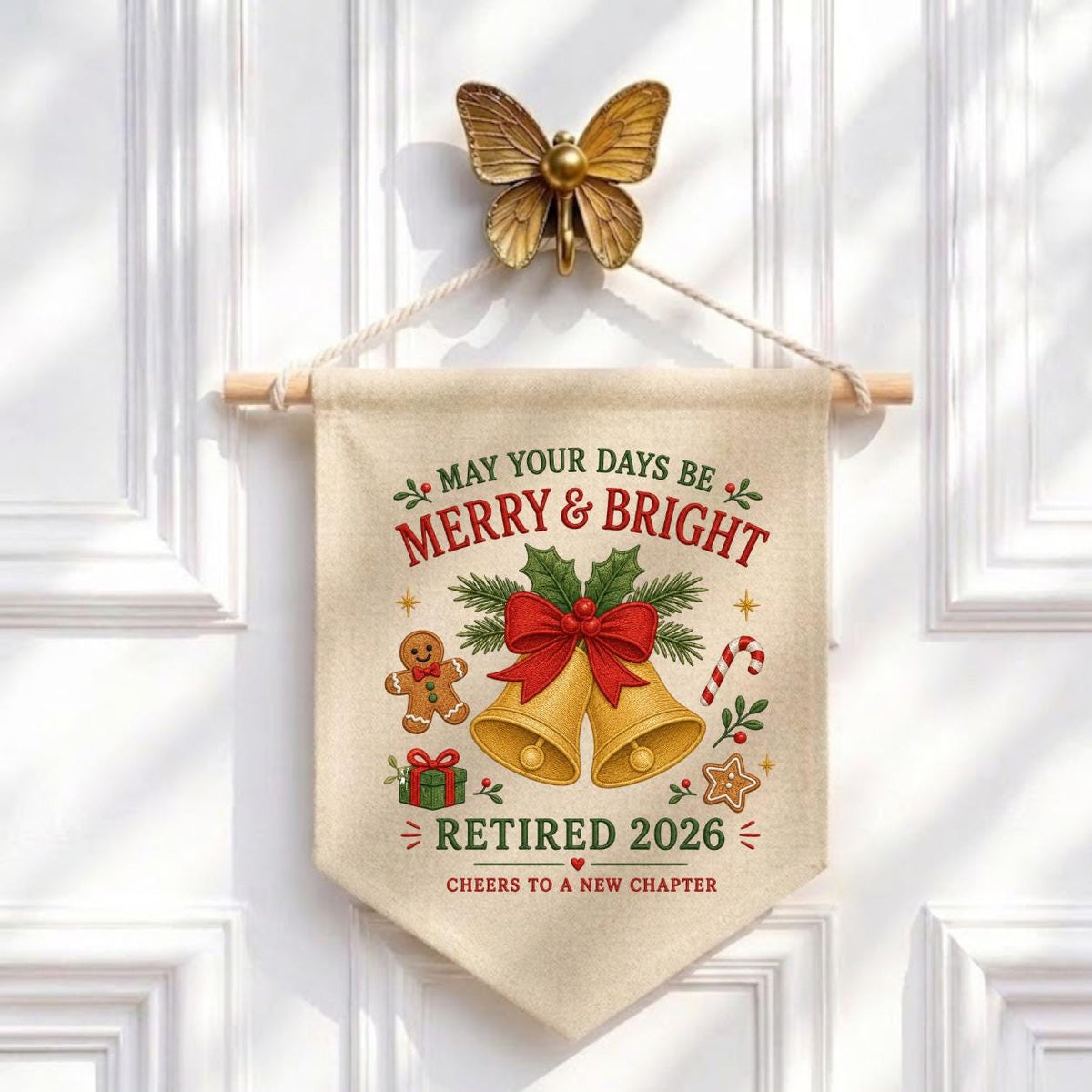 Custom Retired 2026 Merry Christmas Embroidered Canvas Pennant Banner, Golden Bells Gingerbread Man New Chapter Coworker Wall Decor