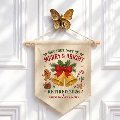 Custom Retired 2026 Merry Christmas Embroidered Canvas Pennant Banner, Golden Bells Gingerbread Man New Chapter Coworker Wall Decor