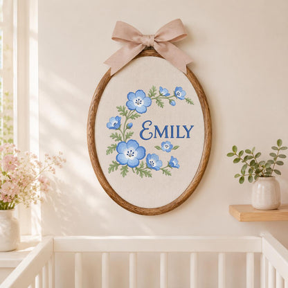 Custom Name Blue Wildflower Embroidered Round Hoop Art, Nemophila Baby Eyes Floral Wreath Girl Nursery Wall Hanging Decor, Baby Gift