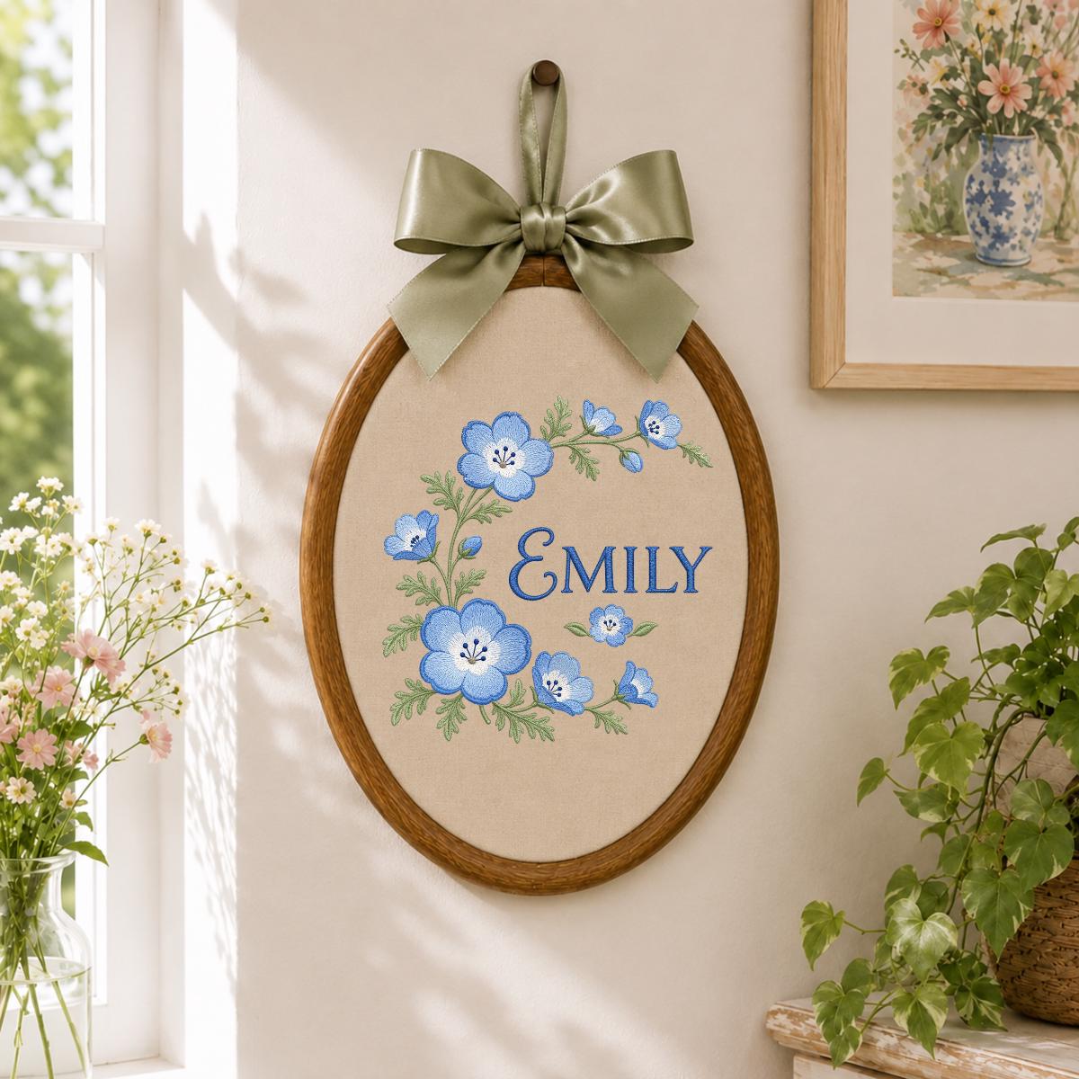 Custom Name Blue Wildflower Embroidered Round Hoop Art, Nemophila Baby Eyes Floral Wreath Girl Nursery Wall Hanging Decor, Baby Gift