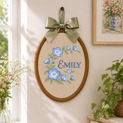 Custom Name Blue Wildflower Embroidered Round Hoop Art, Nemophila Baby Eyes Floral Wreath Girl Nursery Wall Hanging Decor, Baby Gift