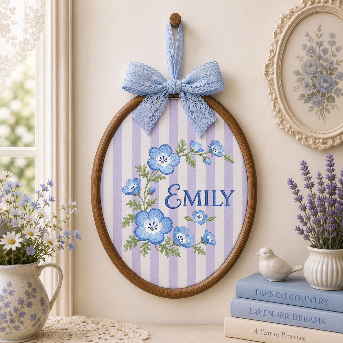Custom Name Blue Wildflower Embroidered Round Hoop Art, Nemophila Baby Eyes Floral Wreath Girl Nursery Wall Hanging Decor, Baby Gift