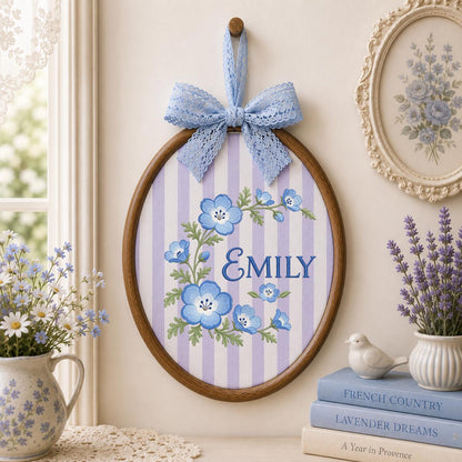 Custom Name Blue Wildflower Embroidered Round Hoop Art, Nemophila Baby Eyes Floral Wreath Girl Nursery Wall Hanging Decor, Baby Gift