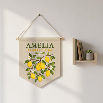 Personalized Citrus Lemon Nursery Canvas Pennant Banner Decor, Custom Embroidered Squeeze The Day Fruit Branch Wall Sign, Birthday Gift