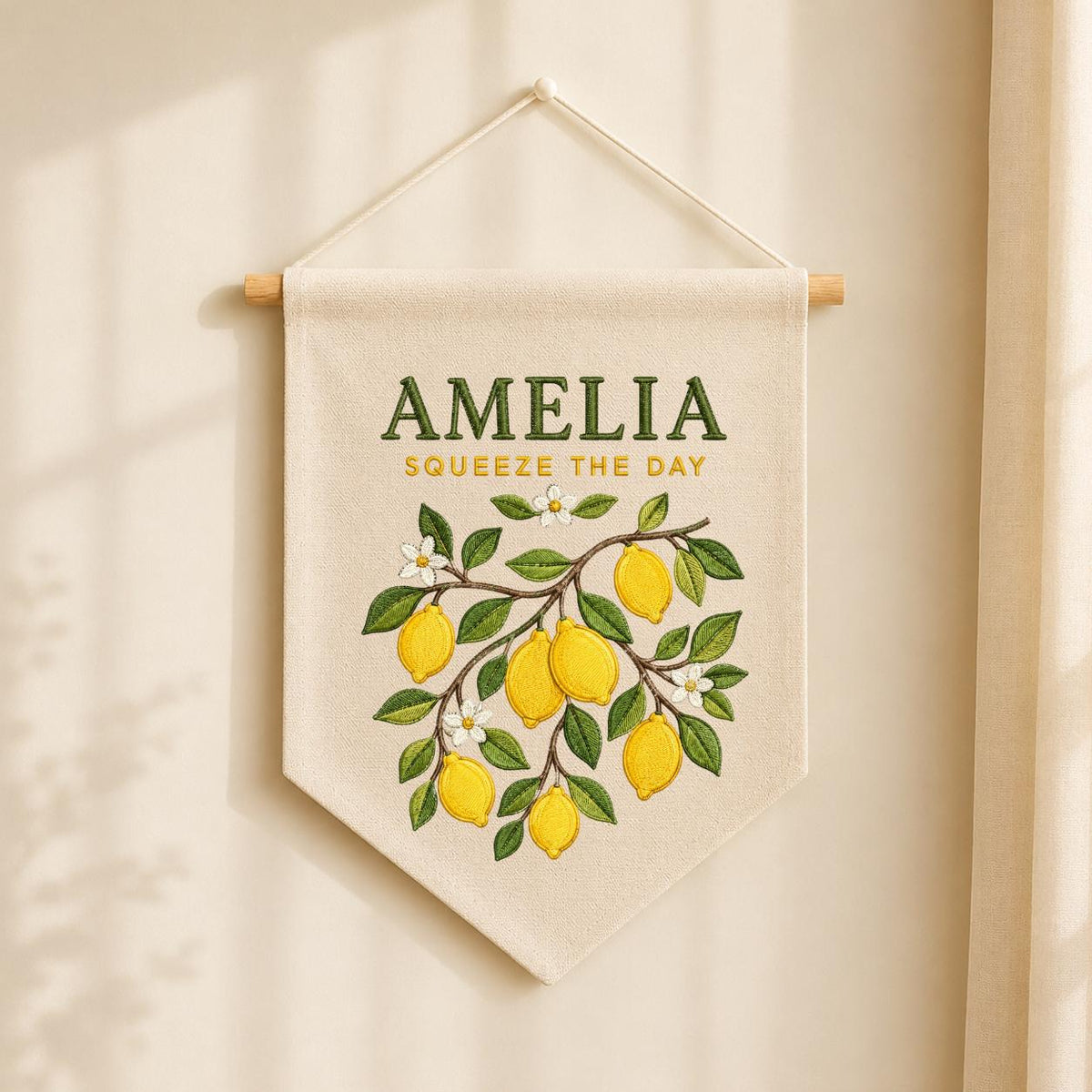 Personalized Citrus Lemon Nursery Canvas Pennant Banner Decor, Custom Embroidered Squeeze The Day Fruit Branch Wall Sign, Birthday Gift
