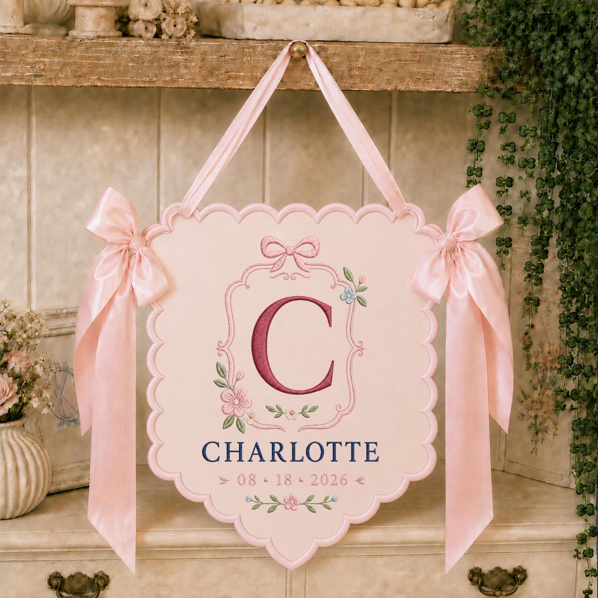 Personalized Monogram Bow Banner, Charlotte Initial C Wall Hanging, Floral Scalloped Ornament, Lavender Ribbon Decor, Custom Name Gift