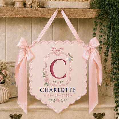 Personalized Monogram Bow Banner, Charlotte Initial C Wall Hanging, Floral Scalloped Ornament, Lavender Ribbon Decor, Custom Name Gift