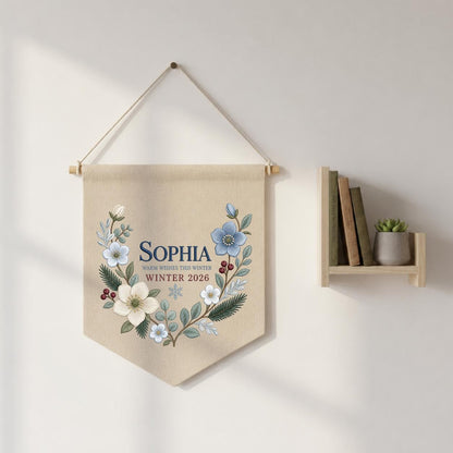 Personalized Warm Wishes Winter Canvas Pennant Banner Decor, Custom Embroidered Winter Floral Name Date Wall Hanging Sign, Baby Gift