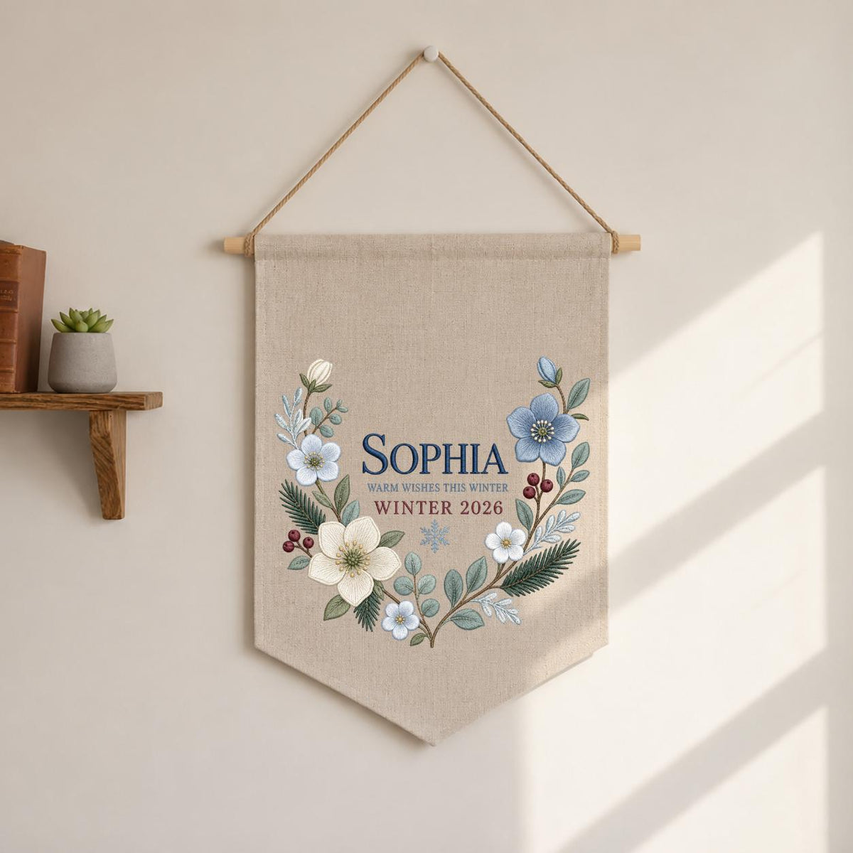 Personalized Warm Wishes Winter Canvas Pennant Banner Decor, Custom Embroidered Winter Floral Name Date Wall Hanging Sign, Baby Gift