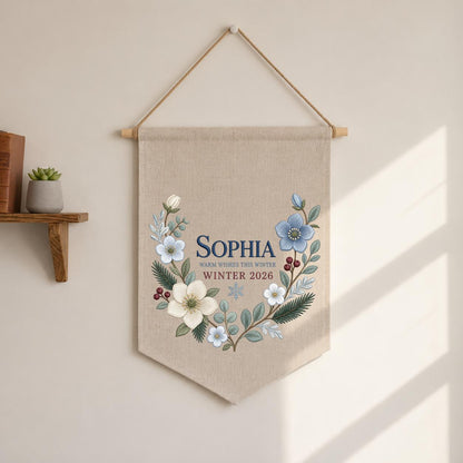 Personalized Warm Wishes Winter Canvas Pennant Banner Decor, Custom Embroidered Winter Floral Name Date Wall Hanging Sign, Baby Gift