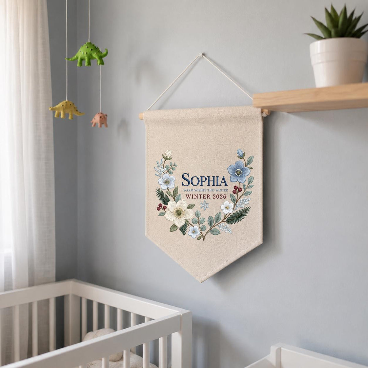 Personalized Warm Wishes Winter Canvas Pennant Banner Decor, Custom Embroidered Winter Floral Name Date Wall Hanging Sign, Baby Gift