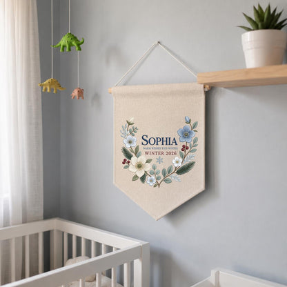 Personalized Warm Wishes Winter Canvas Pennant Banner Decor, Custom Embroidered Winter Floral Name Date Wall Hanging Sign, Baby Gift