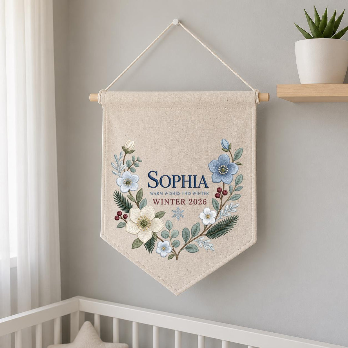 Personalized Warm Wishes Winter Canvas Pennant Banner Decor, Custom Embroidered Winter Floral Name Date Wall Hanging Sign, Baby Gift