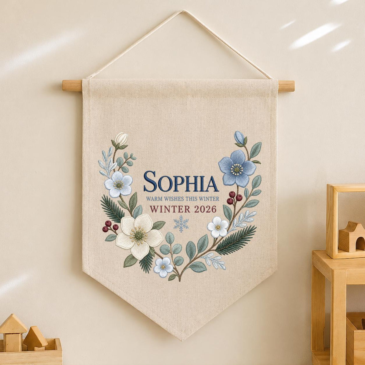 Personalized Warm Wishes Winter Canvas Pennant Banner Decor, Custom Embroidered Winter Floral Name Date Wall Hanging Sign, Baby Gift