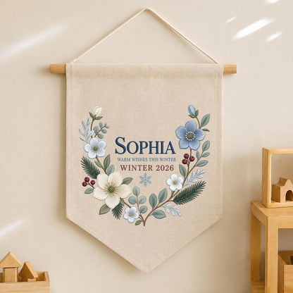 Personalized Warm Wishes Winter Canvas Pennant Banner Decor, Custom Embroidered Winter Floral Name Date Wall Hanging Sign, Baby Gift