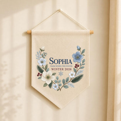 Personalized Warm Wishes Winter Canvas Pennant Banner Decor, Custom Embroidered Winter Floral Name Date Wall Hanging Sign, Baby Gift