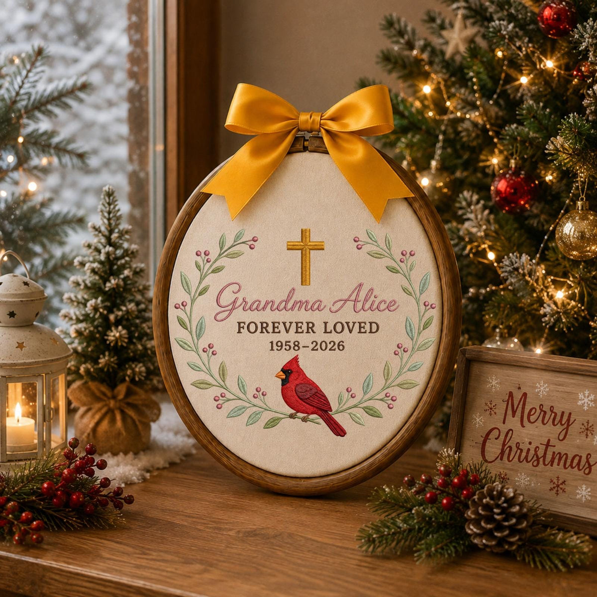 Personalized Embroidered Ornament, Grandma Memorial Cardinal Ornament, Christian Sympathy Gift, In Loving Memory Keepsake, Custom Name Decor