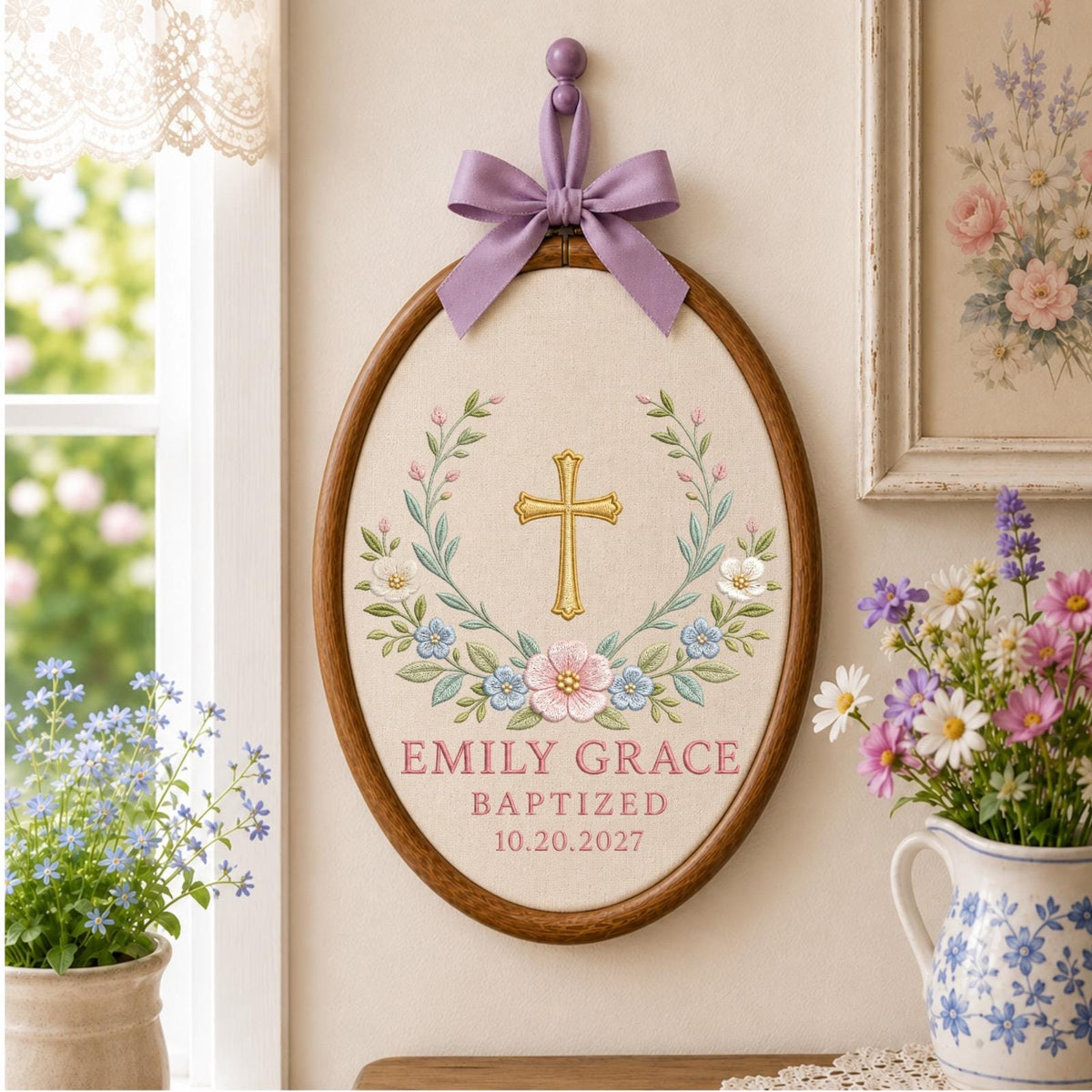 Personalized Embroidered Ornament, Baptism Cross Ornament, Custom Name Baptized Gift, Christian Baby Keepsake, Floral Religious Decor