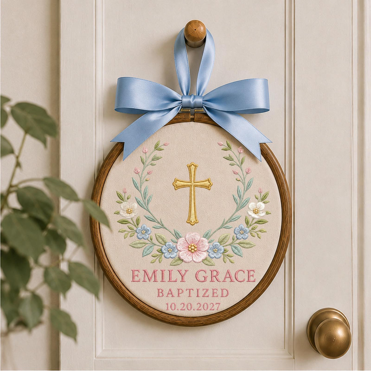 Personalized Embroidered Ornament, Baptism Cross Ornament, Custom Name Baptized Gift, Christian Baby Keepsake, Floral Religious Decor
