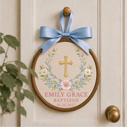 Personalized Embroidered Ornament, Baptism Cross Ornament, Custom Name Baptized Gift, Christian Baby Keepsake, Floral Religious Decor