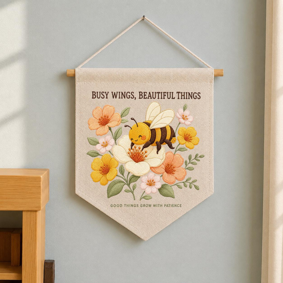 Busy Wings Beautiful Things Canvas Pennant Banner, Cute Embroidered Bumblebee Flower Wall Hanging Sign, Honeybee Nursery Decor
