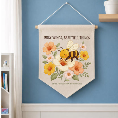 Busy Wings Beautiful Things Canvas Pennant Banner, Cute Embroidered Bumblebee Flower Wall Hanging Sign, Honeybee Nursery Decor
