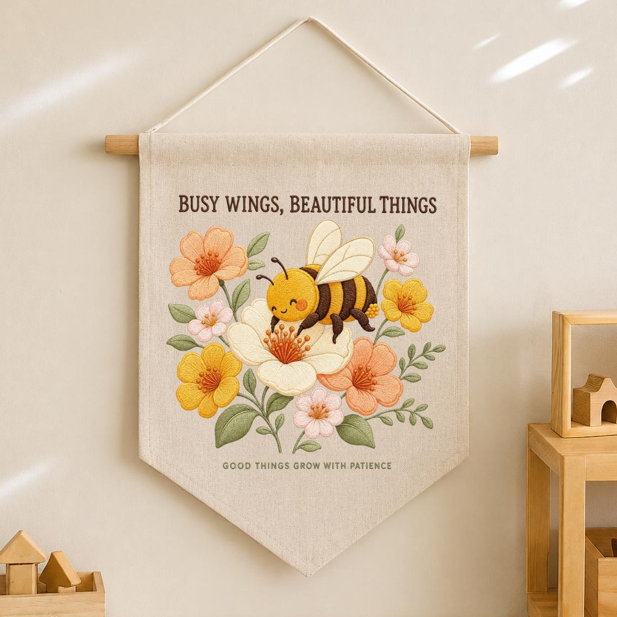Busy Wings Beautiful Things Canvas Pennant Banner, Cute Embroidered Bumblebee Flower Wall Hanging Sign, Honeybee Nursery Decor