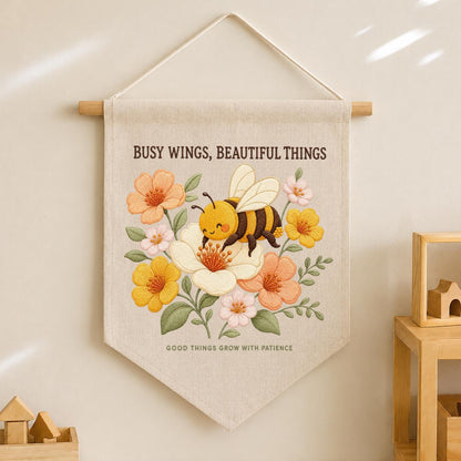 Busy Wings Beautiful Things Canvas Pennant Banner, Cute Embroidered Bumblebee Flower Wall Hanging Sign, Honeybee Nursery Decor