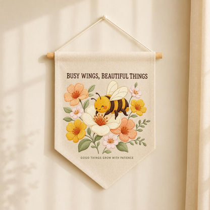 Busy Wings Beautiful Things Canvas Pennant Banner, Cute Embroidered Bumblebee Flower Wall Hanging Sign, Honeybee Nursery Decor