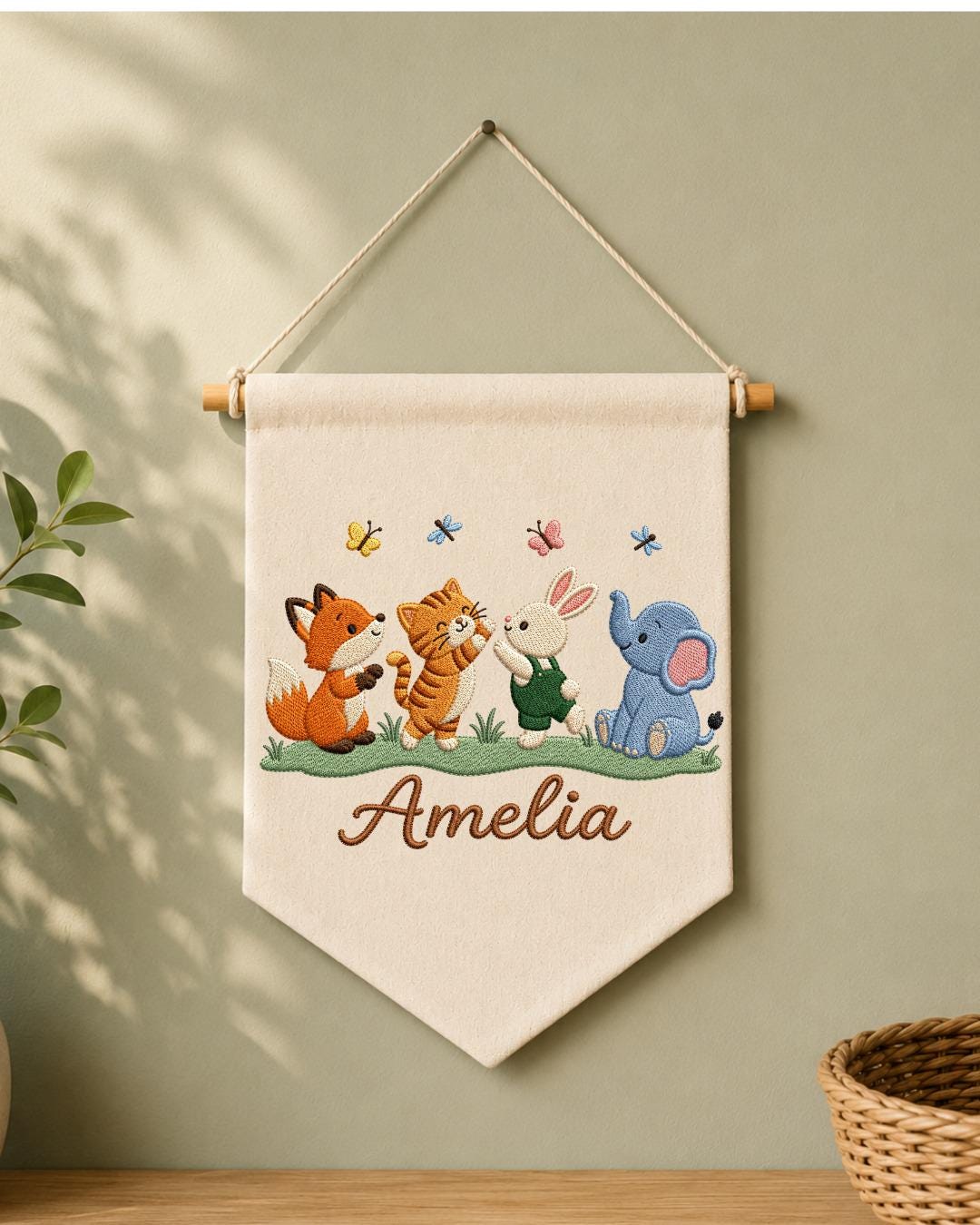 Personalized Stork Baby Wall Hanging, Custom Name Embroidered Banner, Welcome Baby Nursery Decor, Newborn Birth Announcement Gift